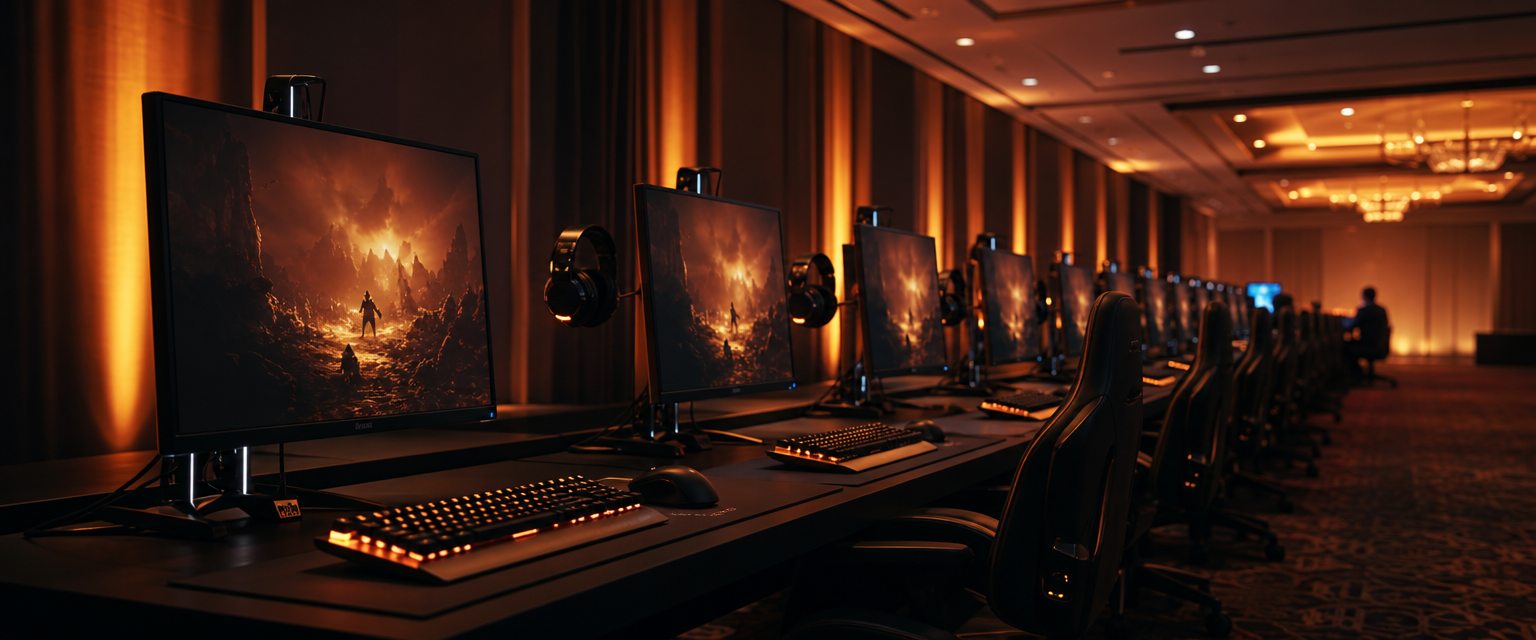 A curving row of identical gaming stations glowing in a warm, dark function room